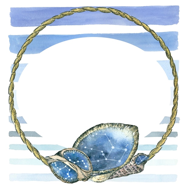 Uma moldura redonda feita de um arnês decorado com conchas em estilo náutico Ilustração em aquarela