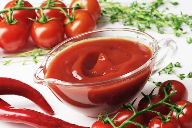 Foto uma molheira cheia de delicioso molho de tomate um ramo de tomate cereja fresco tomilho pimenta fresca em um fundo de madeira alho fresco closeup