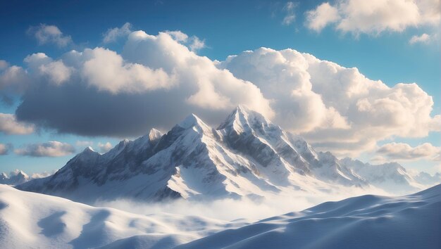 uma montanha coberta de neve com nuvens em primeiro plano