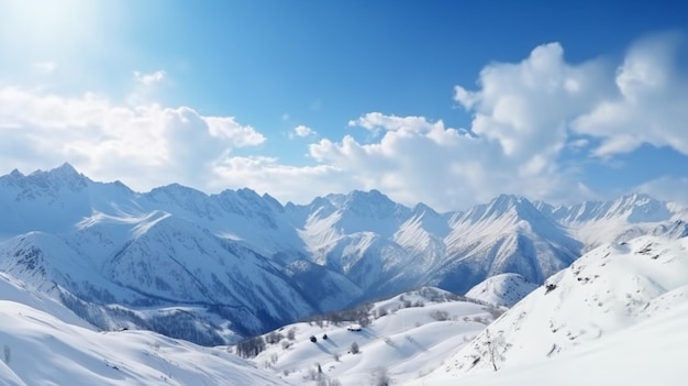 Uma montanha coberta de neve com um céu azul e um homem de pé sobre ela.