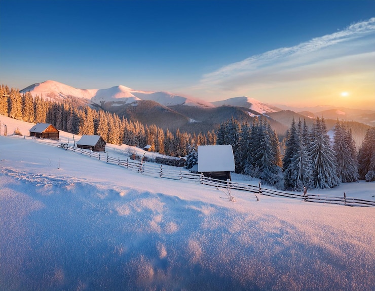 Foto uma montanha coberta de neve com uma cabana no fundo e uma cerca com montanhas cobertas de neve no fundo