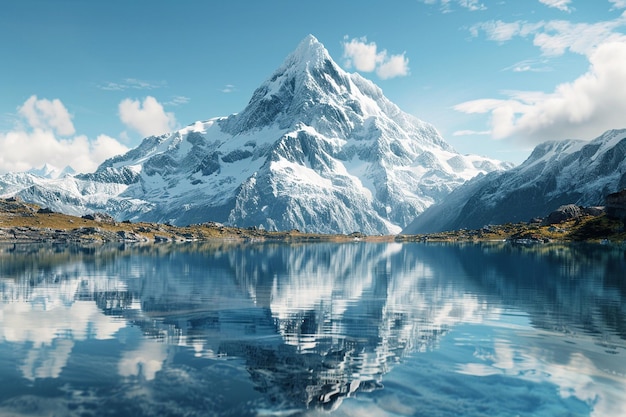 Uma montanha coberta de neve refletindo-se em um cristal claro