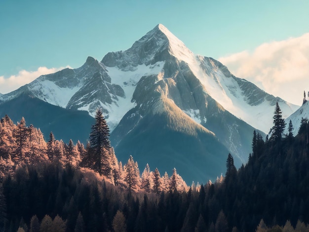 uma montanha com árvores e neve no topo