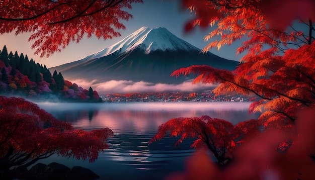 Uma montanha com folhas vermelhas e um lago em primeiro plano