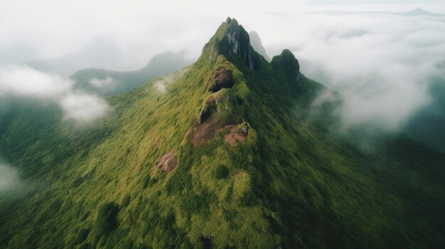 Uma montanha com grama verde e uma montanha ao fundo