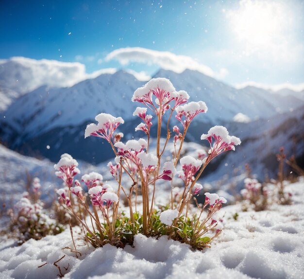 Uma montanha com neve e uma flor.