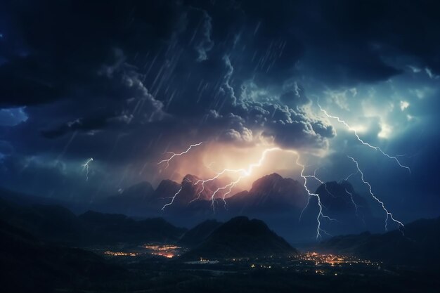 uma montanha com raios e chuva no céu