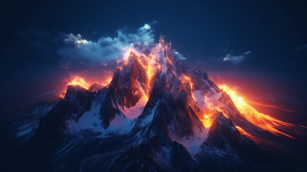 Uma montanha com um céu azul e um fogo no meio