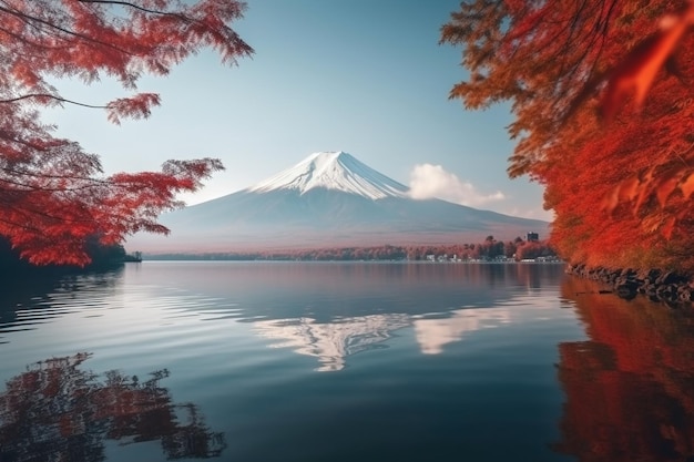 Uma montanha com um céu azul e um reflexo de uma montanha na água