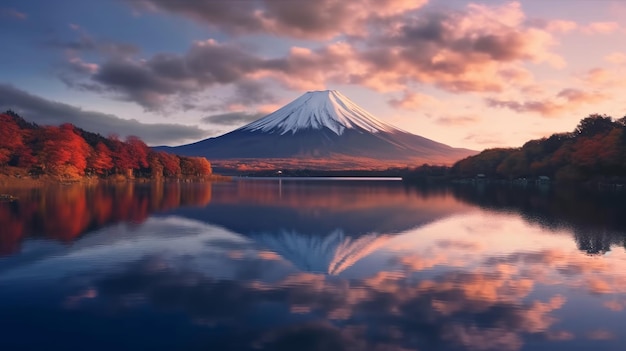 Foto uma montanha com um céu nublado e um reflexo dela