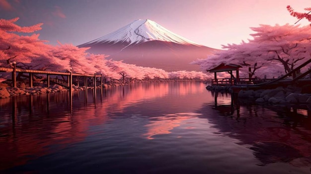 Foto uma montanha com um céu rosa é refletida na água.