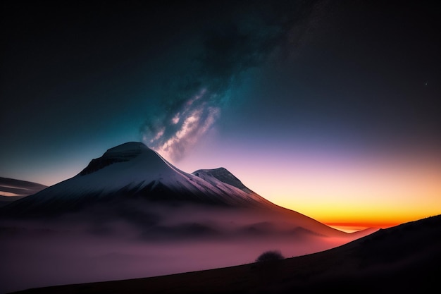 Foto uma montanha com um céu roxo e uma nuvem que diz 'montanha'