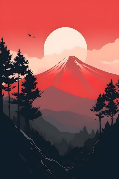 Uma montanha com um céu vermelho e um sol atrás dela