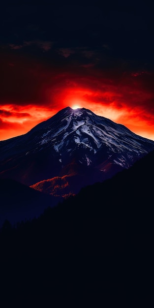 Foto uma montanha com um céu vermelho e um sol vermelho atrás dela
