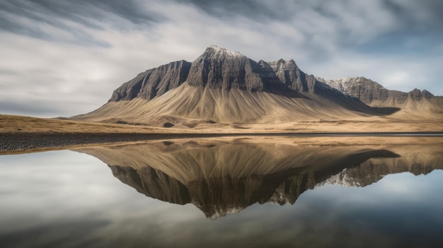 Uma montanha com um lago na frente.