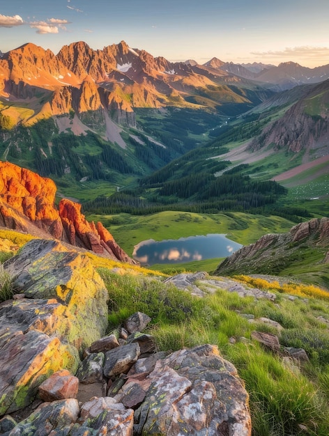 Foto uma montanha com um lago no fundo e uma montanha no fundo