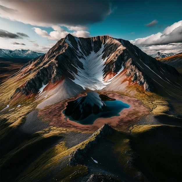 Uma montanha com um pequeno lago no meio