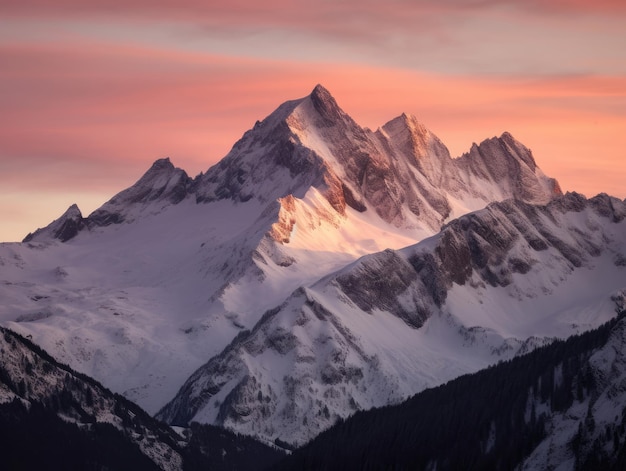 uma montanha com um pôr-do-sol rosa ao fundo