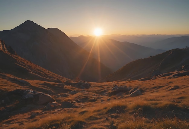 uma montanha com um sol a pôr-se atrás do horizonte