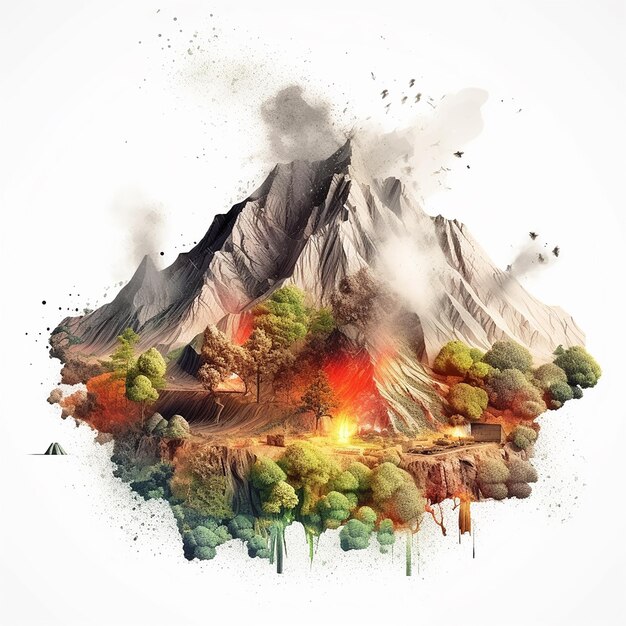Uma montanha com um vulcão e uma floresta com a palavra vulcão nela