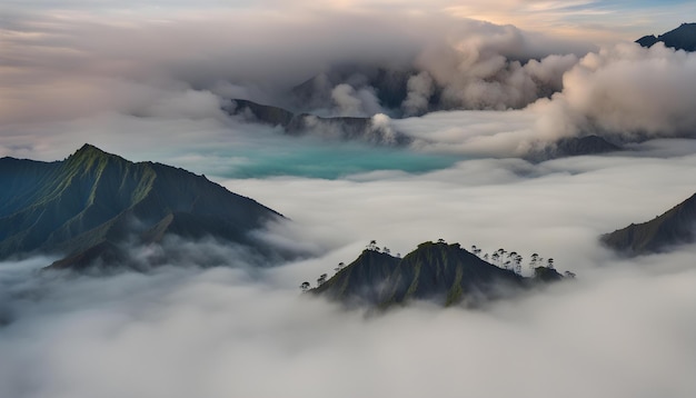 Foto uma montanha com uma água verde e uma montanha no fundo