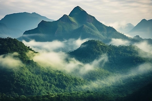 uma montanha com uma floresta verde ao fundo