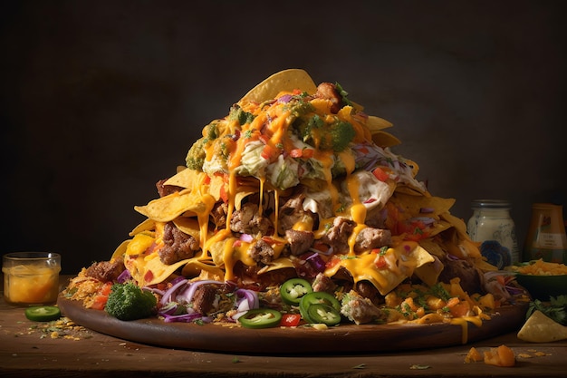 Uma montanha de nachos empilhados alto