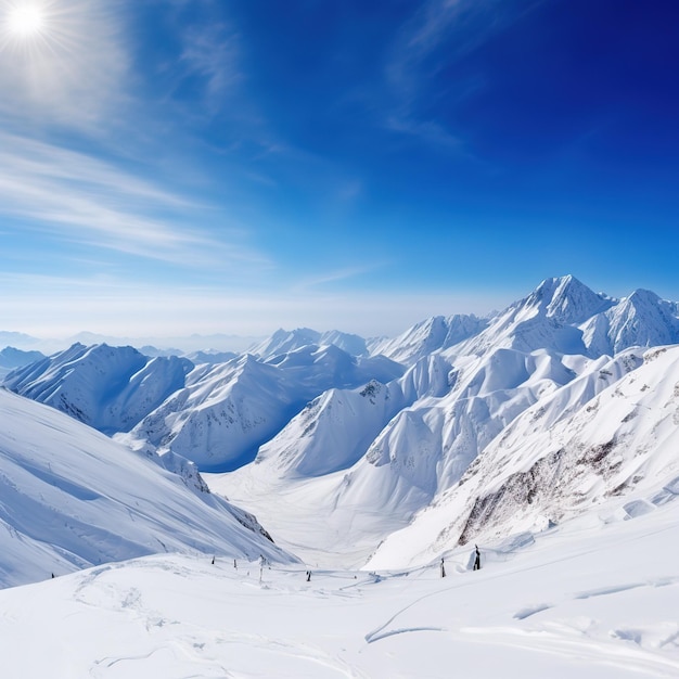 Uma montanha de neve com um céu azul e uma montanha de neve ao fundo.