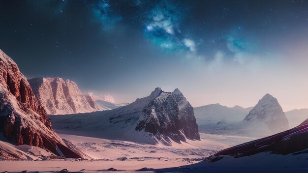 Uma montanha de neve com um céu estrelado