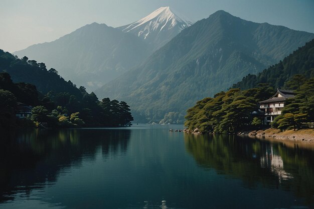 Foto uma montanha do japão do lago kawaguchi é refletida em um lago com uma montanha ao fundo