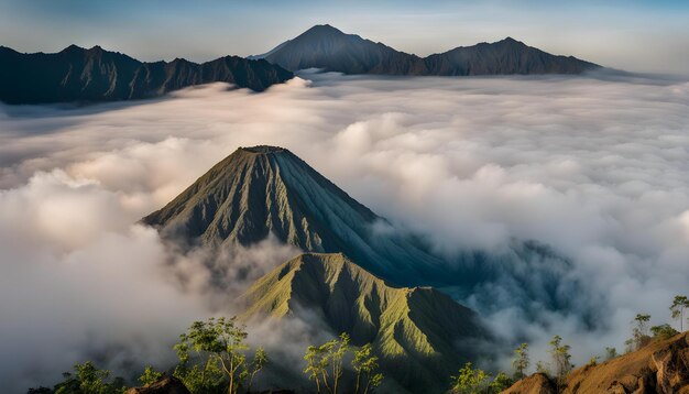 Foto uma montanha é cercada por nuvens e montanhas