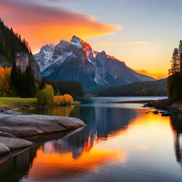 Foto uma montanha é refletida em um lago com árvores e montanhas ao fundo.