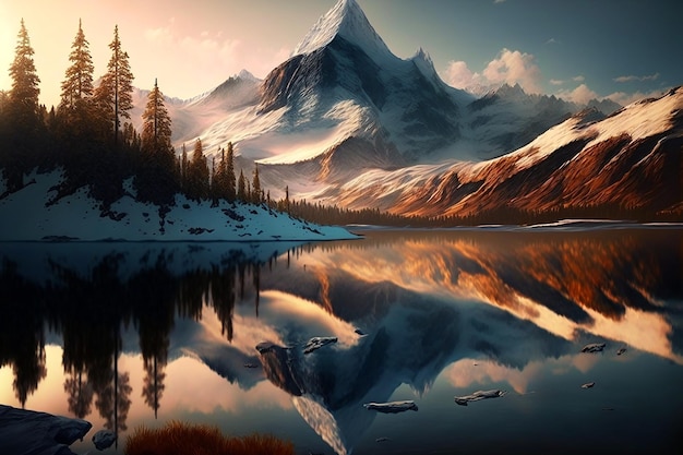 Uma montanha é refletida em um lago com neve no chão.