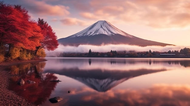 Uma montanha é refletida em um lago com o reflexo da montanha no fundo.