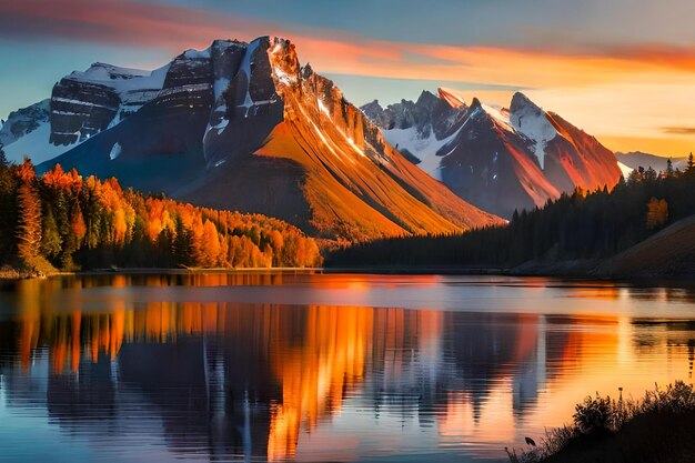 Foto uma montanha é refletida em um lago com uma montanha no fundo