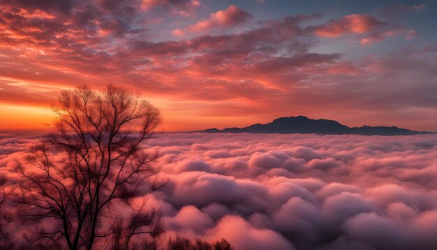 Foto uma montanha é vista atrás das nuvens e a árvore está em primeiro plano