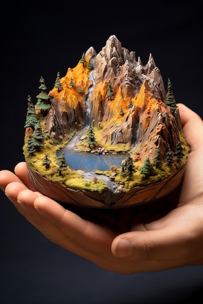 Uma montanha em miniatura abraçada levemente com as duas mãos
