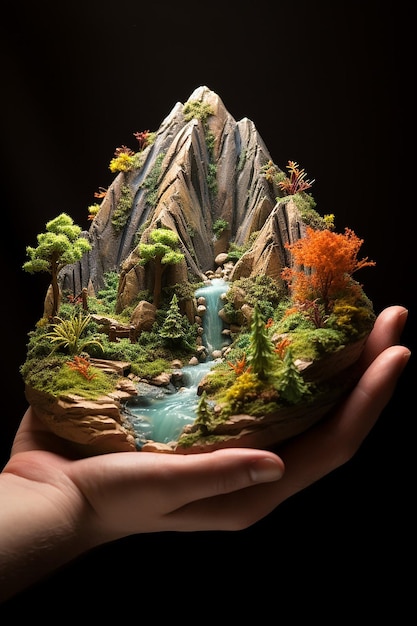 Uma montanha em miniatura abraçada levemente com as duas mãos