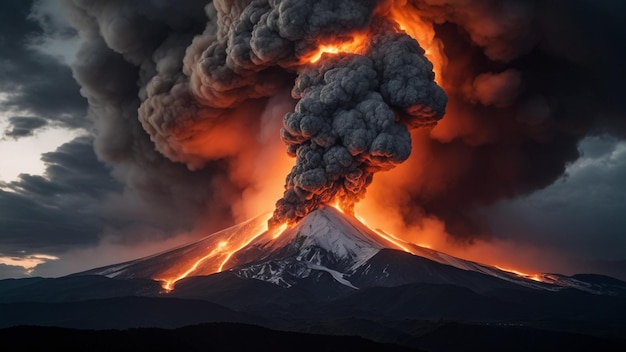 Uma montanha entra em erupção.