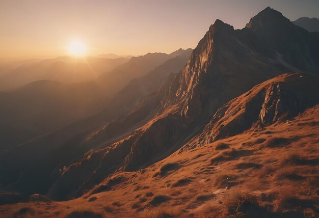 uma montanha está no fundo com o sol a pôr-se atrás dela