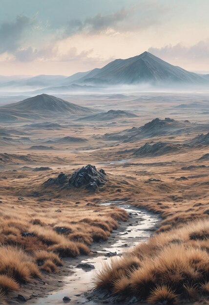 Foto uma montanha está no fundo de um campo com um riacho correndo através dele