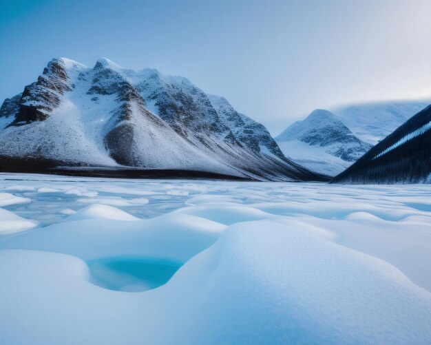 Uma montanha nevada é visível atrás de um lago congelado.