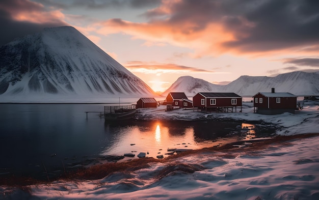 Uma montanha nevada está atrás de uma pequena vila nas Ilhas Faroe.