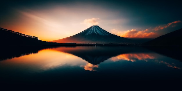 Uma montanha refletida em um lago com céu nublado