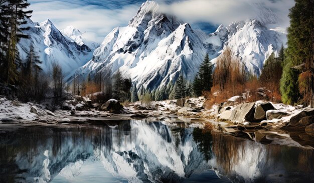 uma montanha refletida num lago com árvores e nuvens ao fundo