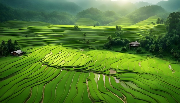 Uma montanha verde com uma casa no topo e uma pequena casa no meio