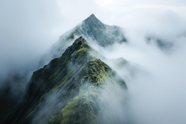 Uma montanha verde elevada e coberta de névoa se ergue proeminentemente à distância, criando uma paisagem majestosa e cativante.