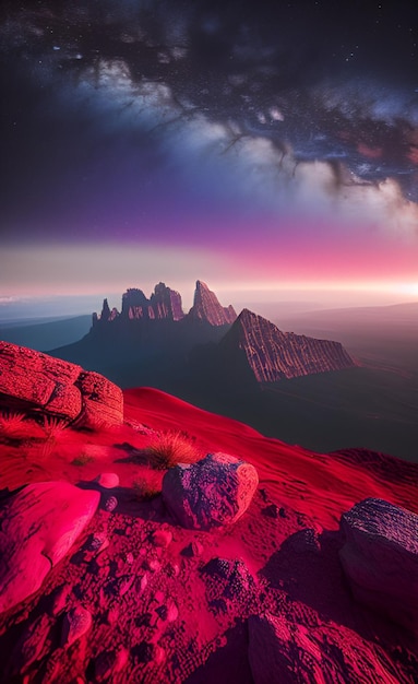 Uma montanha vermelha com um céu roxo e um céu rosa