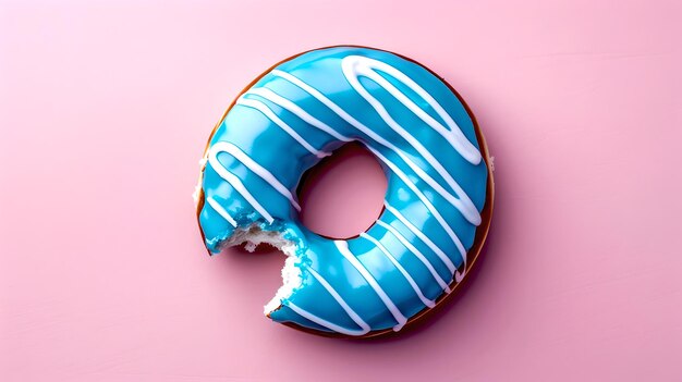 Uma mordida tentadora tirada de um donut esmaltado azul em um fundo rosa Um conceito de doce simples para lanches Ideal para blogs de comida e menus AI