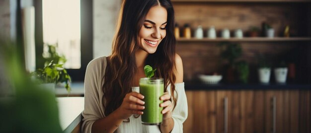 Foto uma morena atraente bebe um smoothie verde em sua cozinha o conceito de nutrição saudável desintoxicação